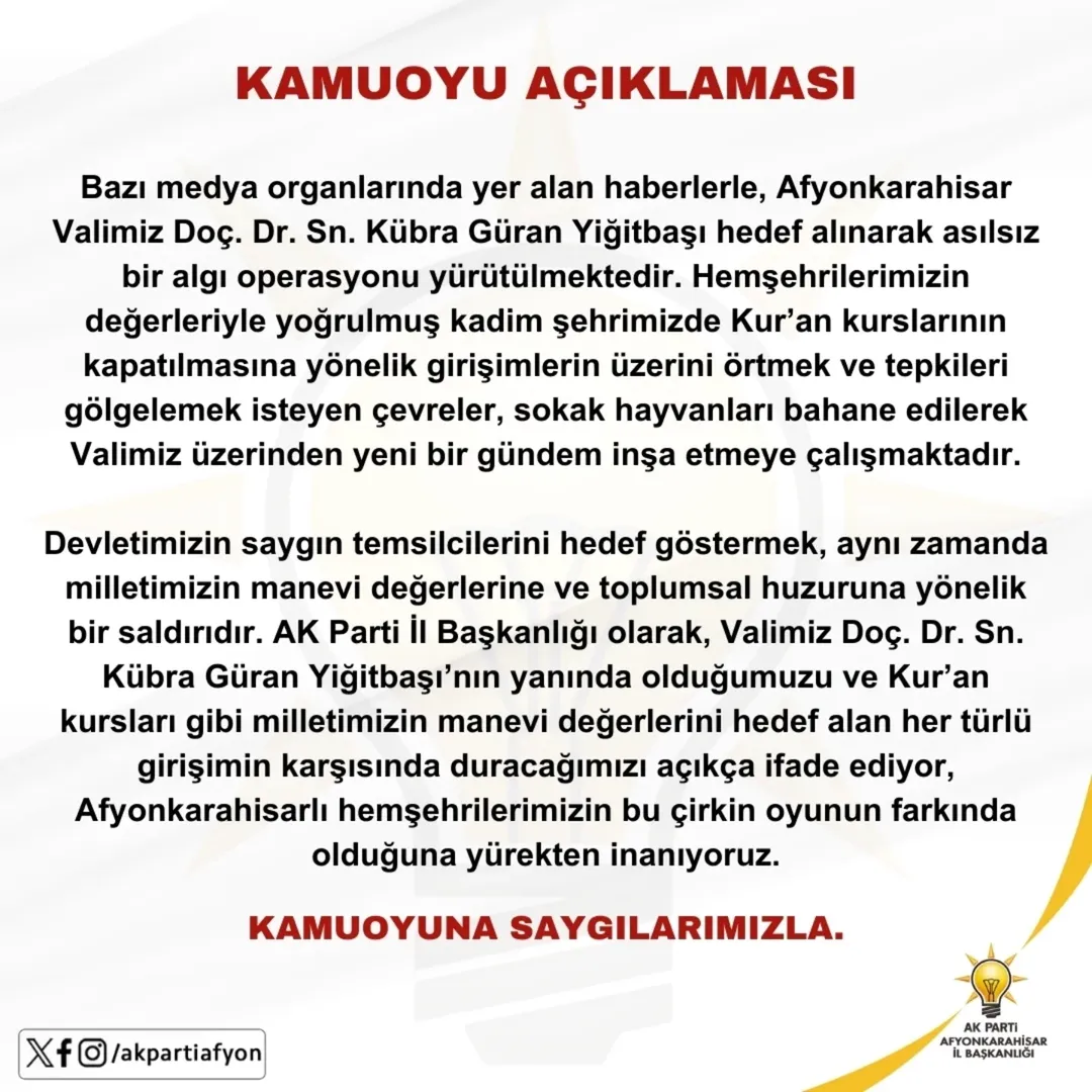 Afyonkarahisar'da Vali Yiğitbaşı'na Yönelik Algı Operasyonu İddiası